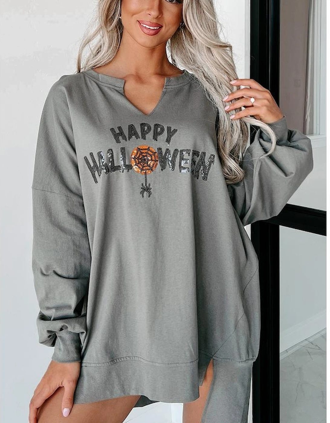 Medium Grey Sequin Happy Halloween Graphic Notched Neck Long Sleeve Loose Top