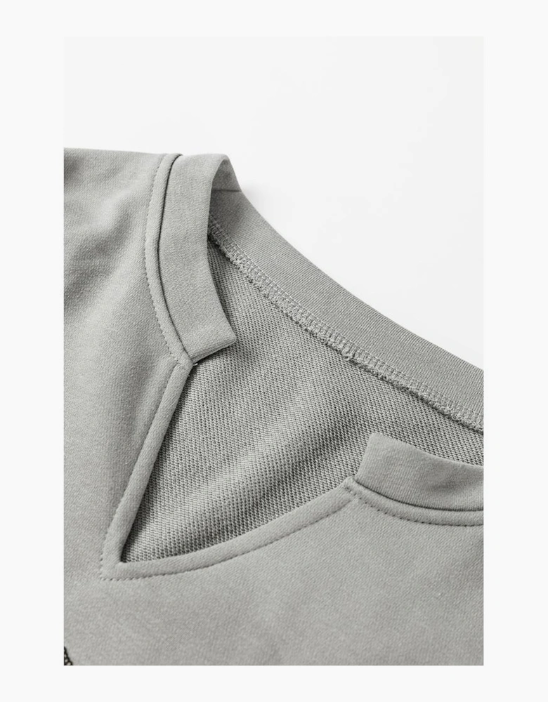 Medium Grey Sequin Happy Halloween Graphic Notched Neck Long Sleeve Loose Top