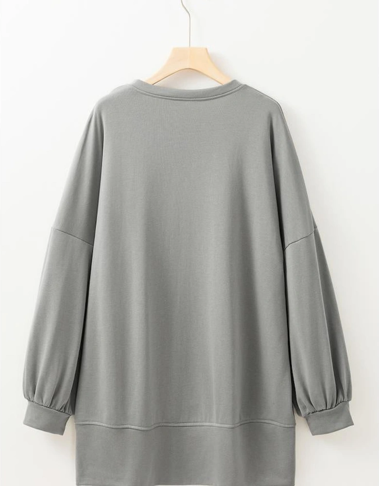 Medium Grey Sequin Happy Halloween Graphic Notched Neck Long Sleeve Loose Top