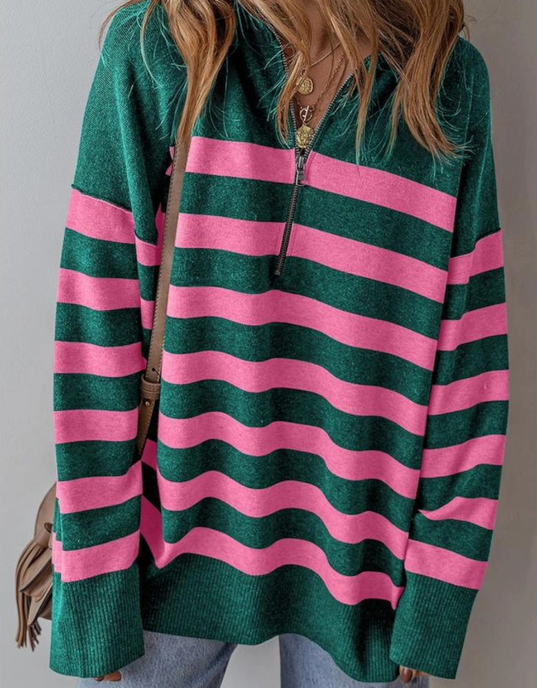 Green Collared Quarter Zipper Oversized Sweater