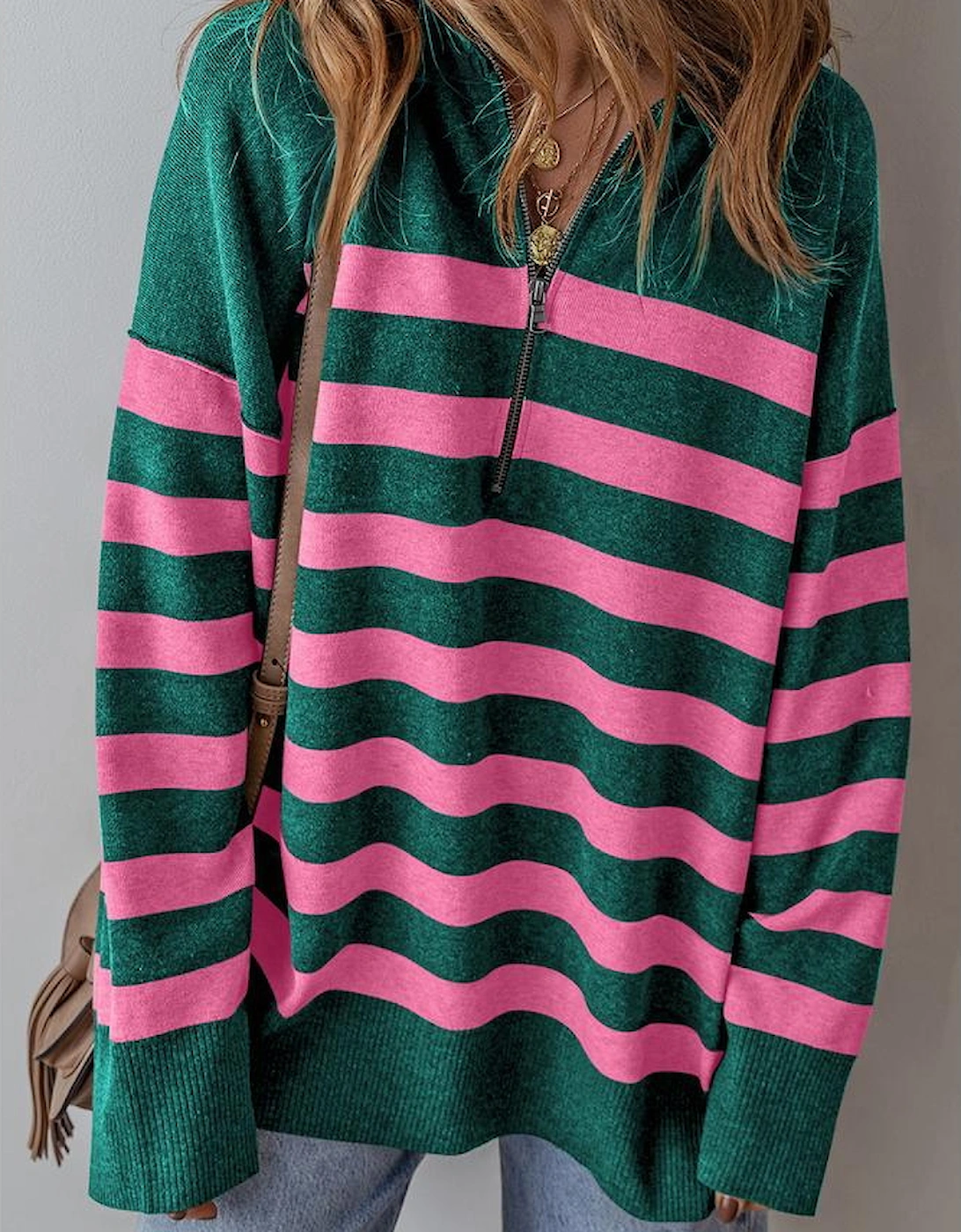 Green Collared Quarter Zipper Oversized Sweater