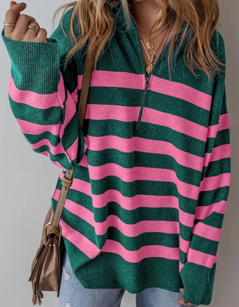 Green Collared Quarter Zipper Oversized Sweater