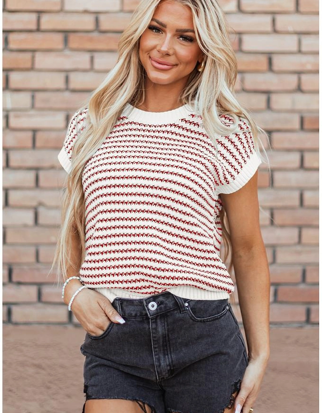 Red Stripe Ribbed Trim Loose Fit Knitted Sweater Vest