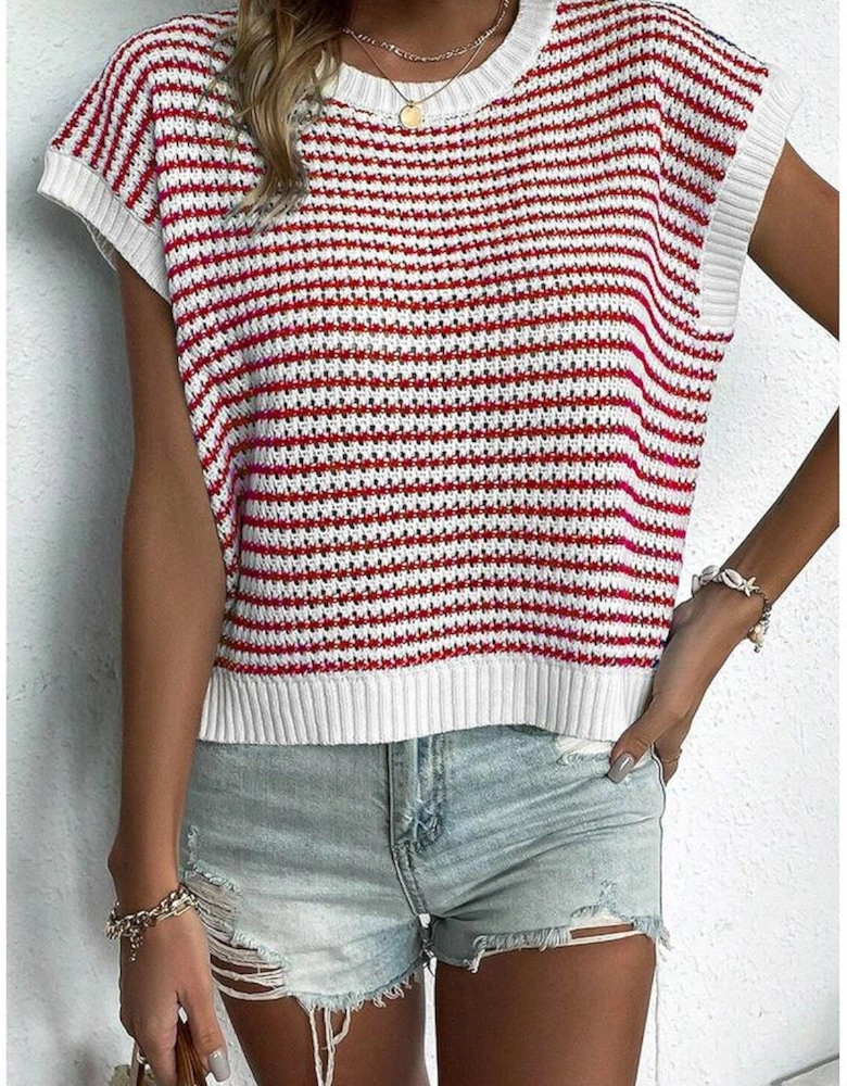 Red Stripe Ribbed Trim Loose Fit Knitted Sweater Vest