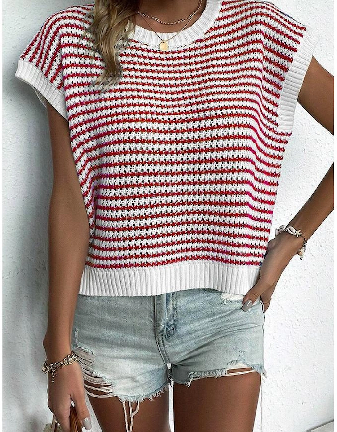 Red Stripe Ribbed Trim Loose Fit Knitted Sweater Vest