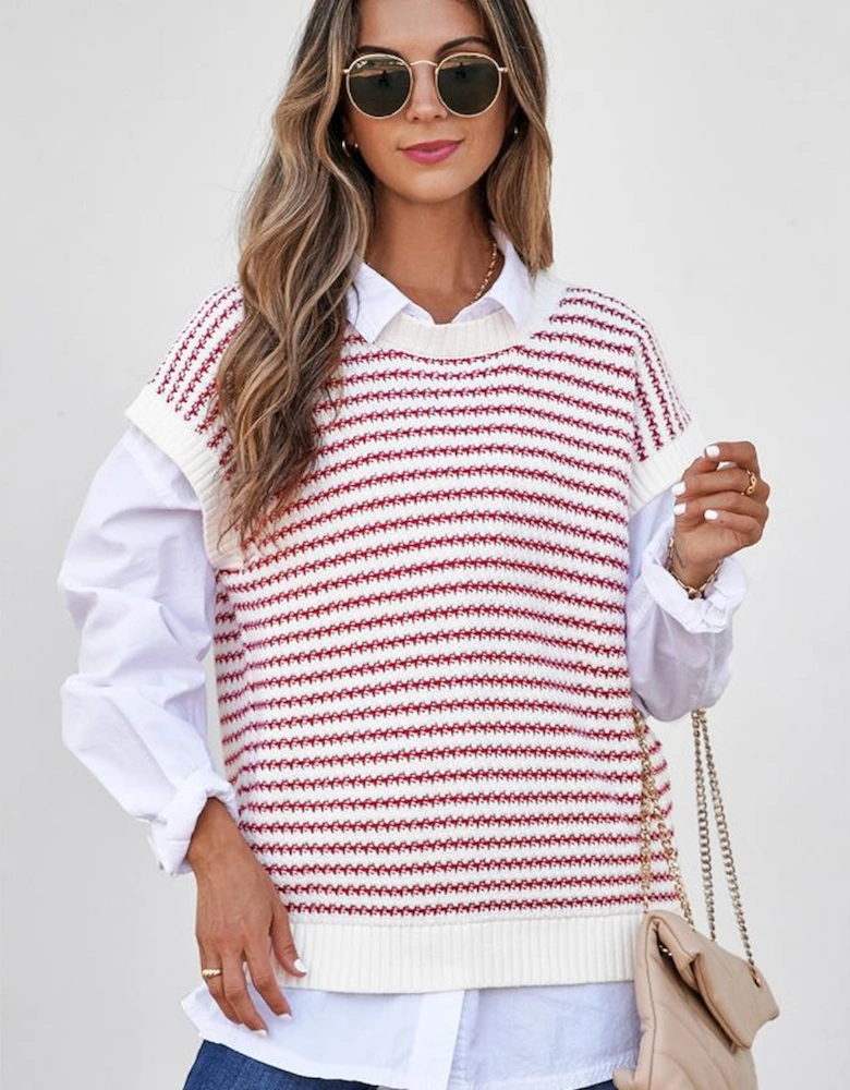 Red Stripe Ribbed Trim Loose Fit Knitted Sweater Vest