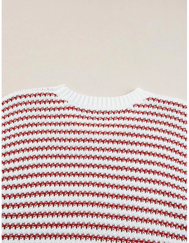 Red Stripe Ribbed Trim Loose Fit Knitted Sweater Vest