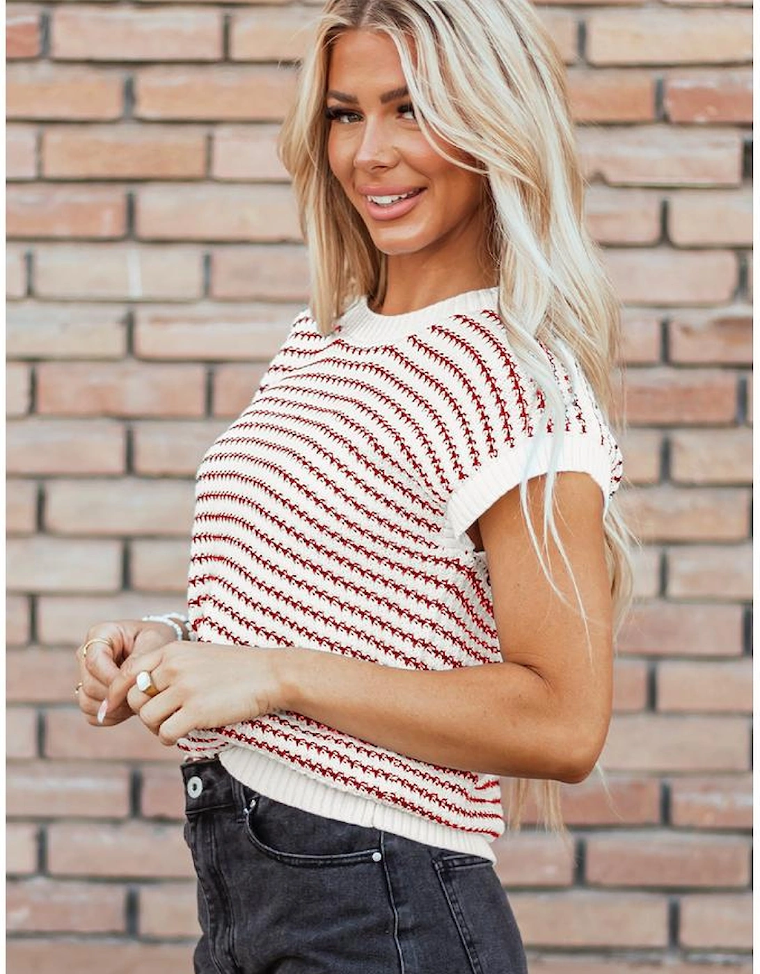 Red Stripe Ribbed Trim Loose Fit Knitted Sweater Vest