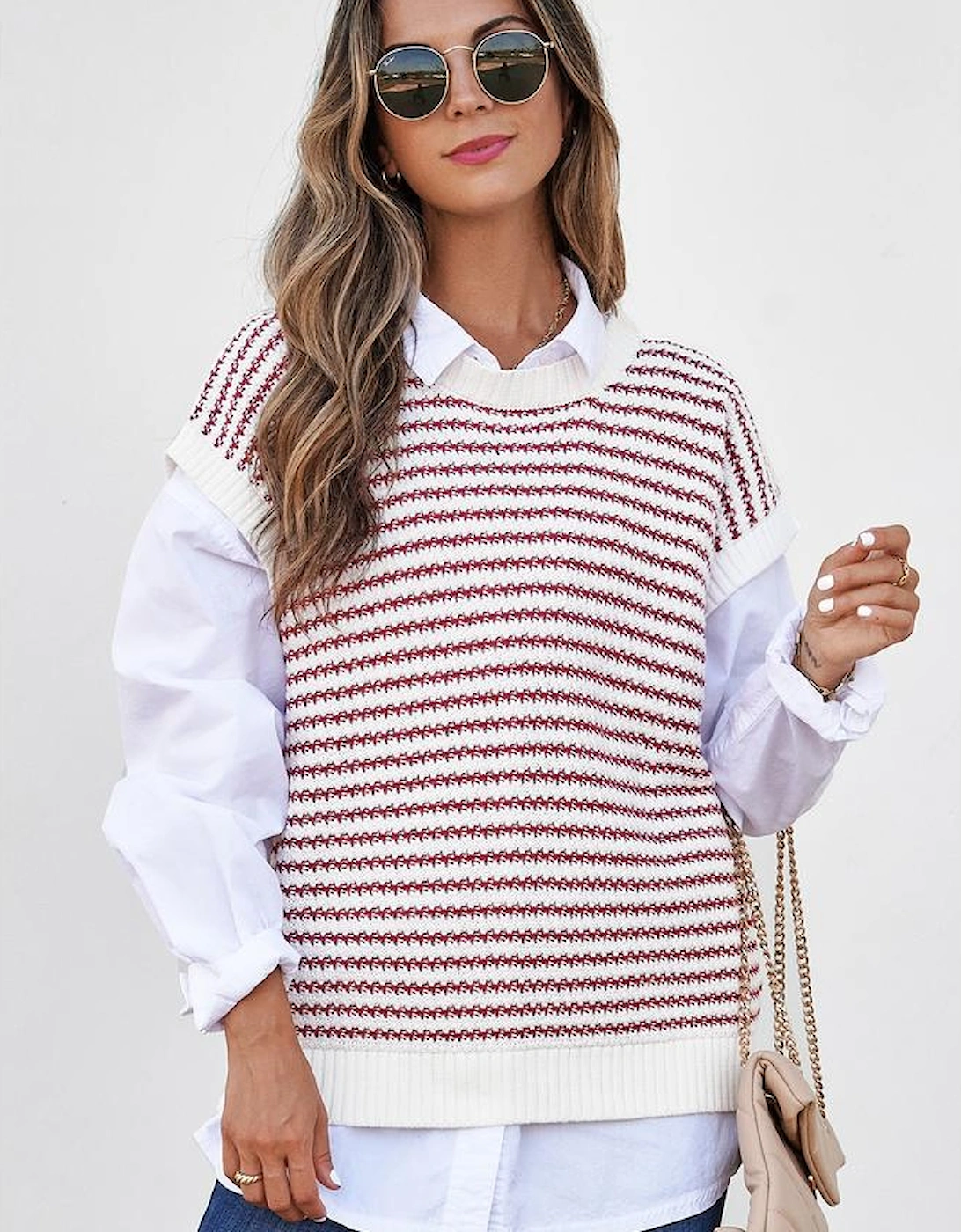 Red Stripe Ribbed Trim Loose Fit Knitted Sweater Vest