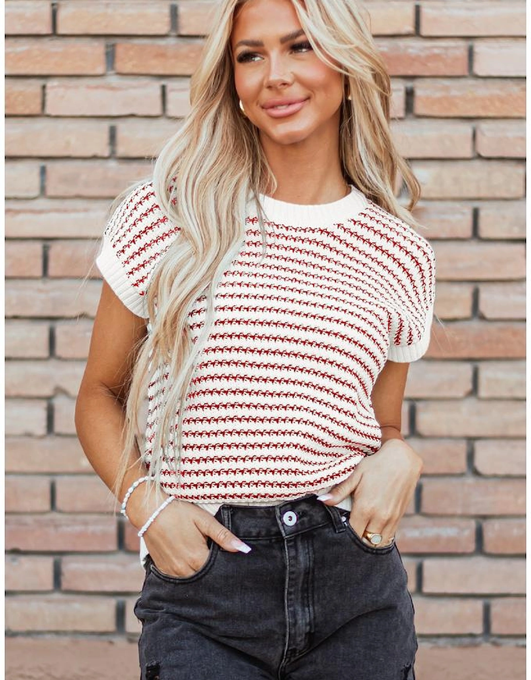 Red Stripe Ribbed Trim Loose Fit Knitted Sweater Vest