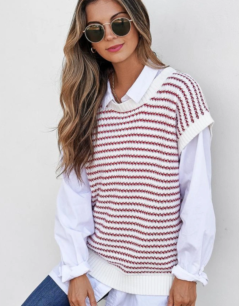 Red Stripe Ribbed Trim Loose Fit Knitted Sweater Vest