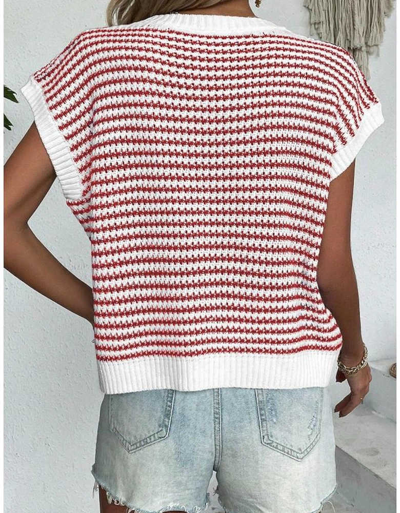 Red Stripe Ribbed Trim Loose Fit Knitted Sweater Vest