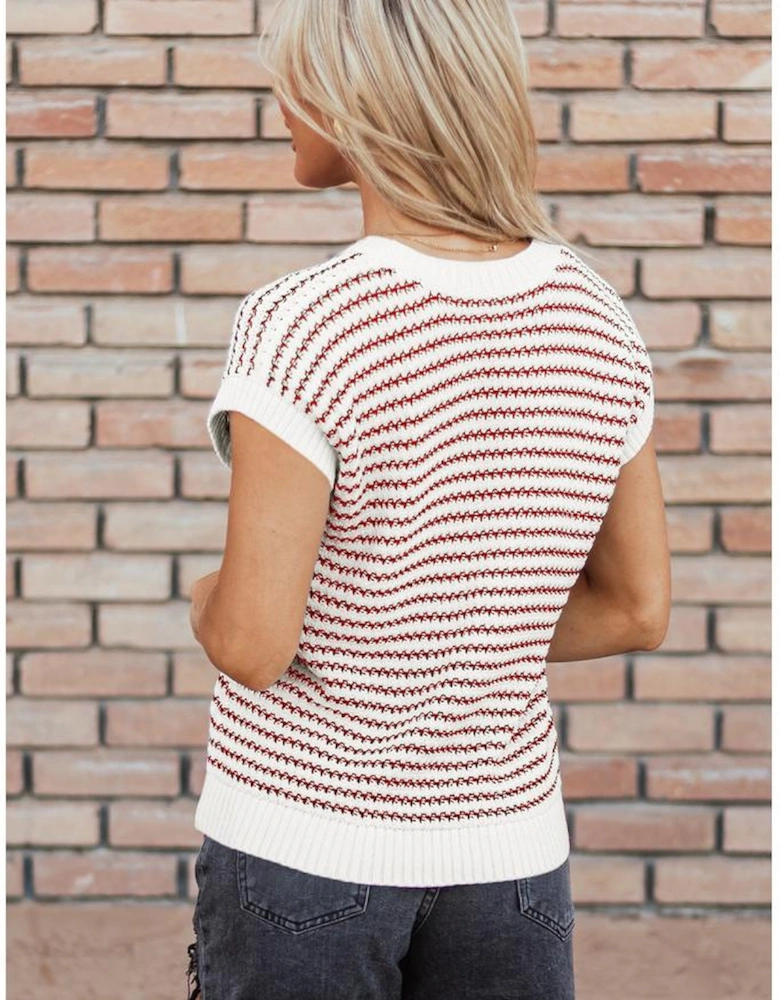 Red Stripe Ribbed Trim Loose Fit Knitted Sweater Vest