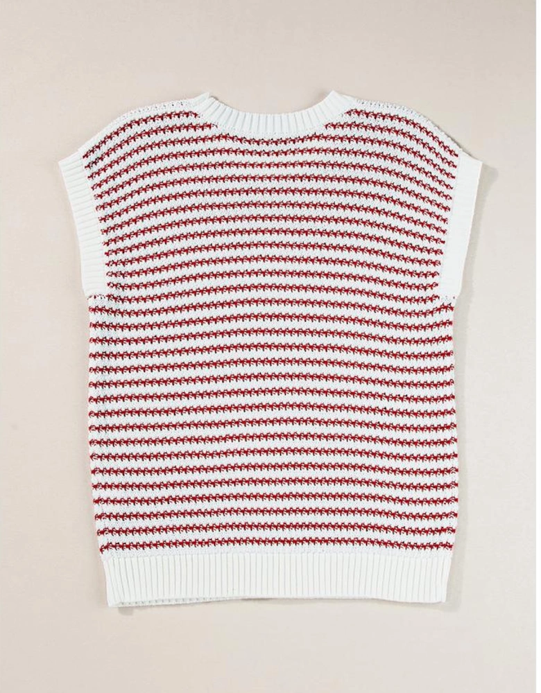 Red Stripe Ribbed Trim Loose Fit Knitted Sweater Vest
