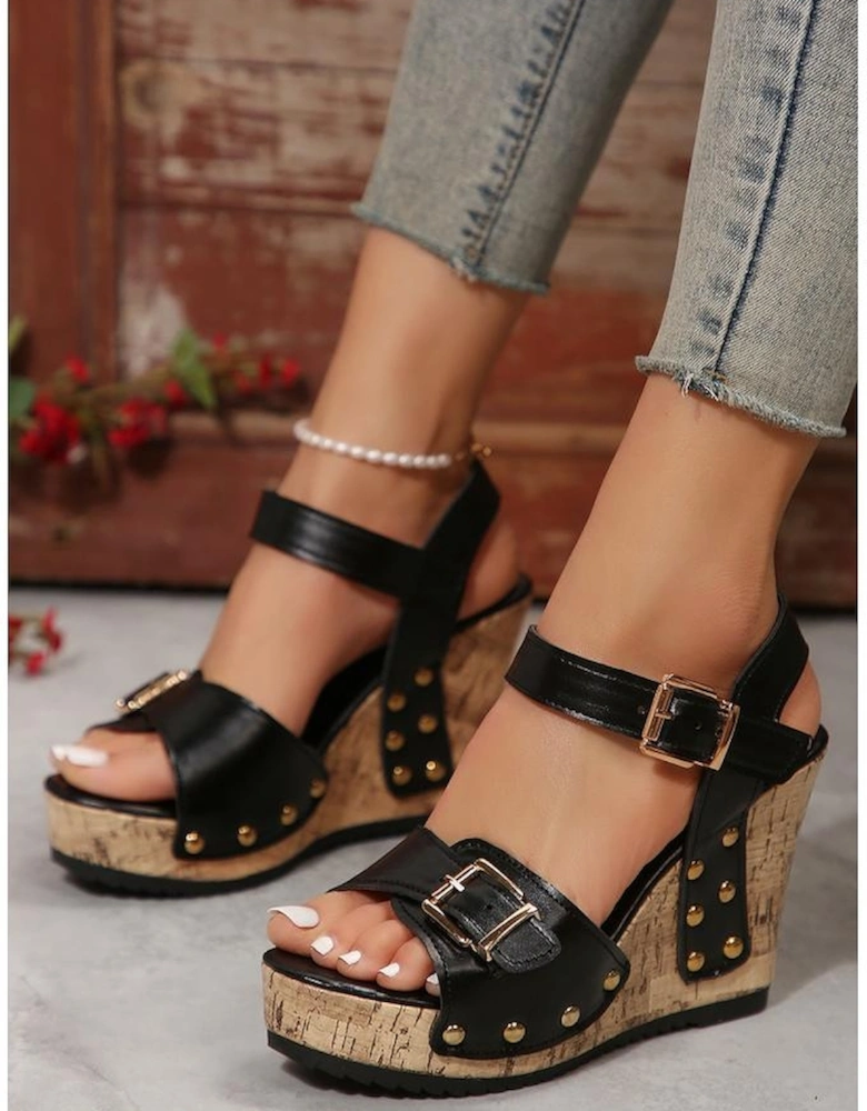 Black Rivet Buckle Closure Wedge Sandals