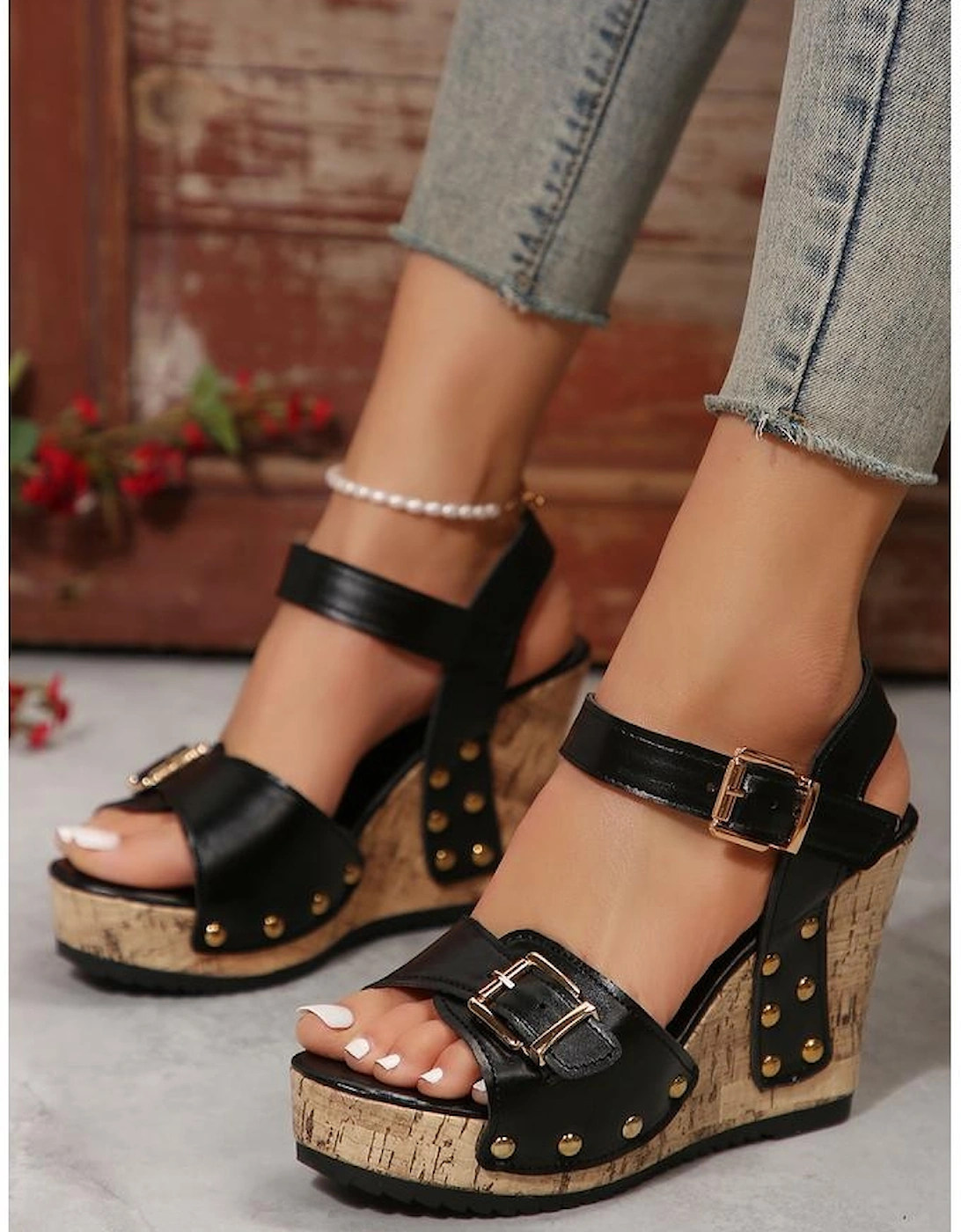 Black Rivet Buckle Closure Wedge Sandals