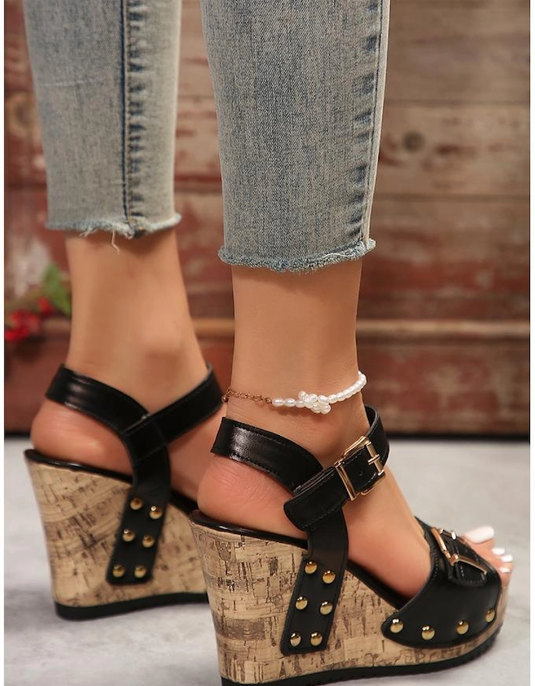 Black Rivet Buckle Closure Wedge Sandals, 12 of 11