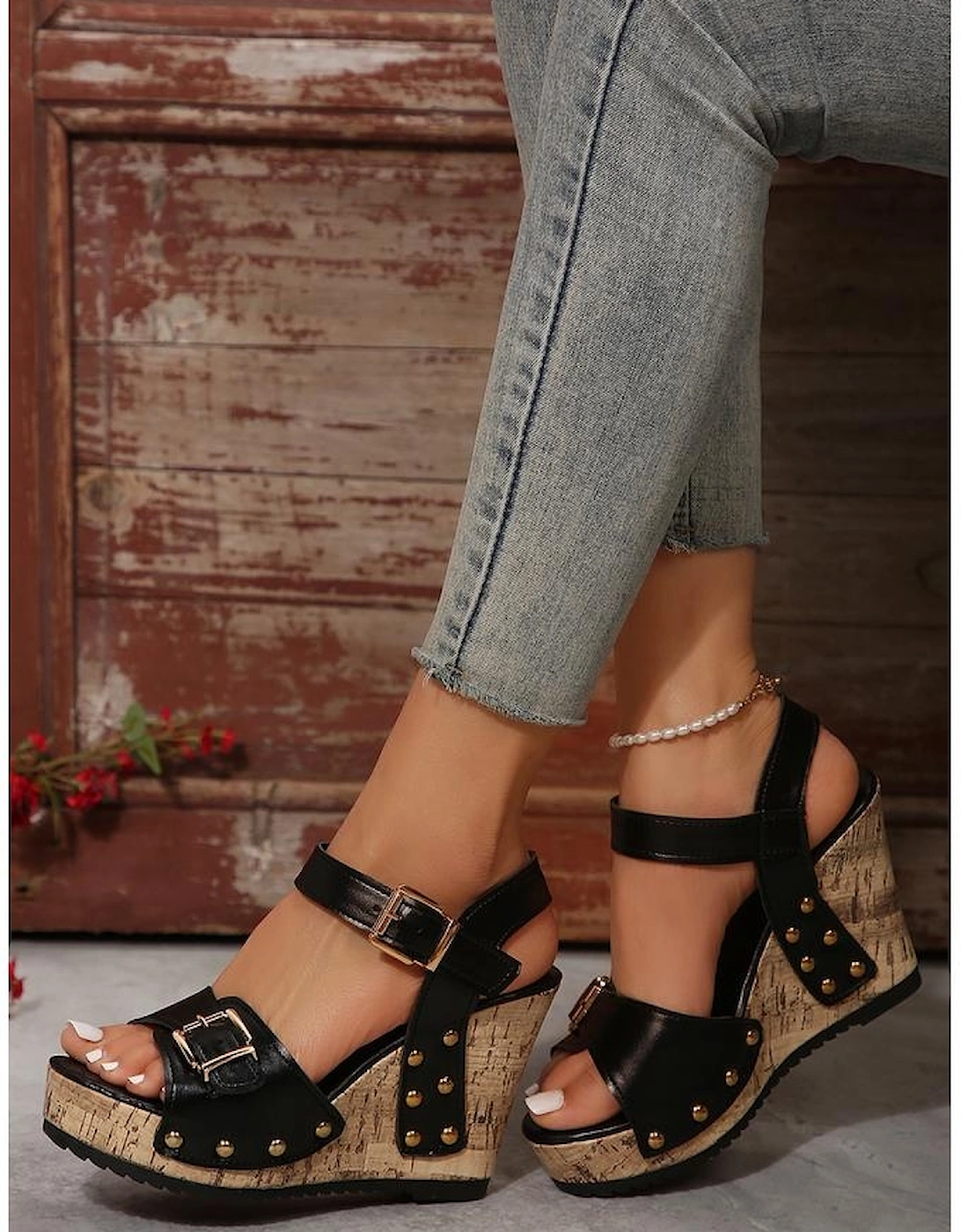 Black Rivet Buckle Closure Wedge Sandals