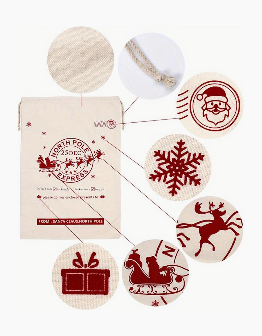 Azura Exchange White Christmas Santa Claus Elk Letter Print Drawstring Gift Sack Bag