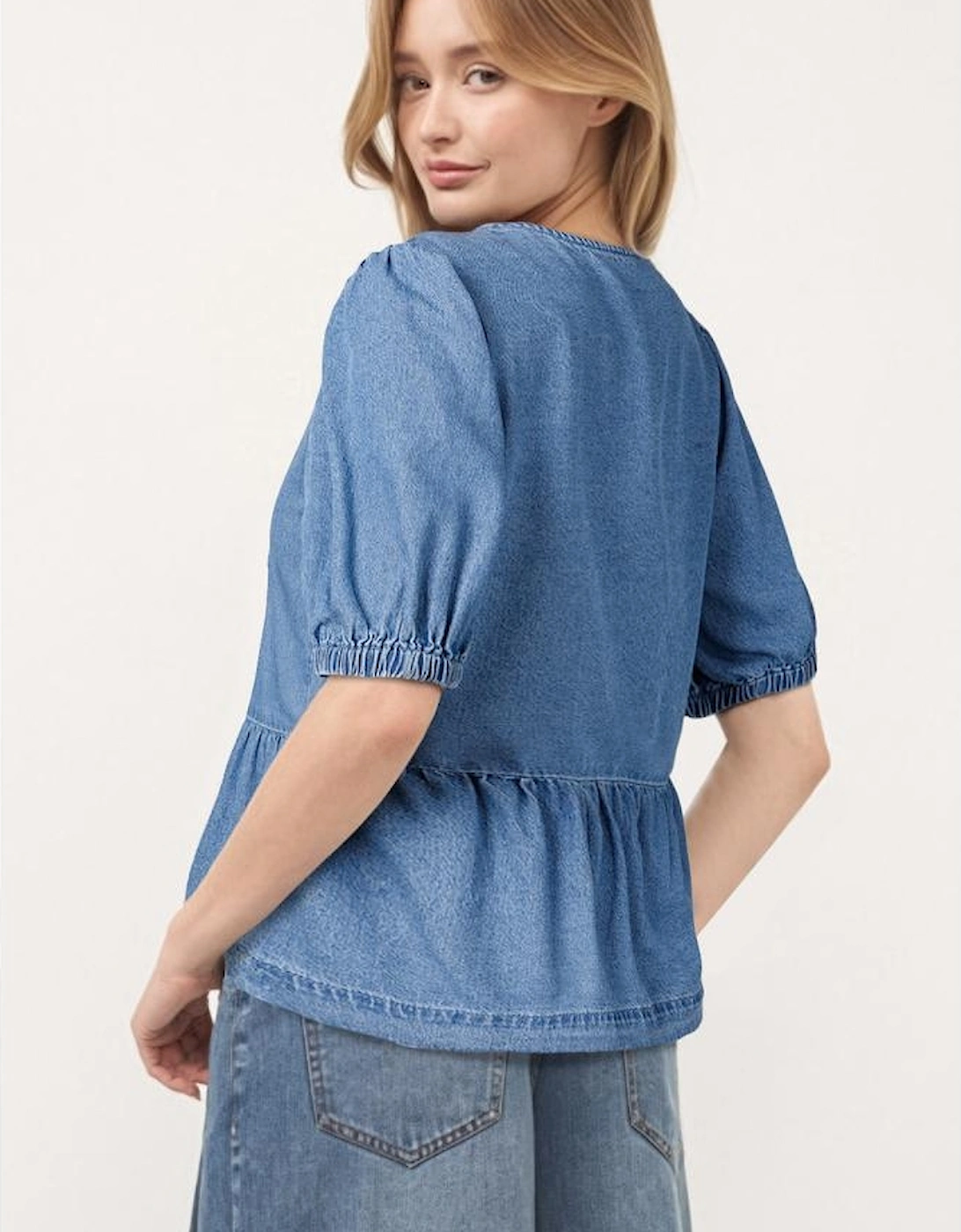Dusk Blue Tied Front Bubble Sleeve Peplum Denim Shirt
