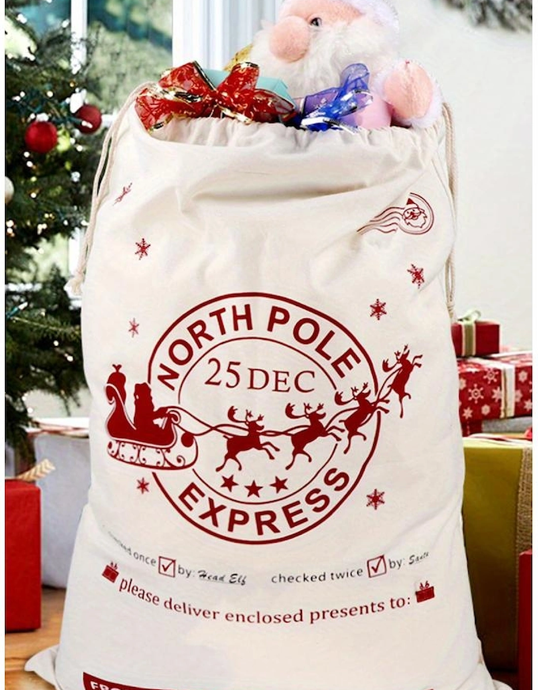 Azura Exchange White Christmas Santa Claus Elk Letter Print Drawstring Gift Sack Bag, 8 of 7