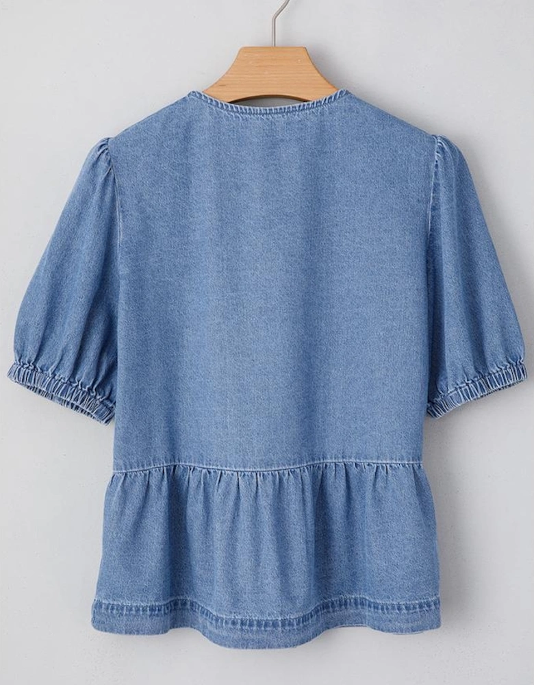 Dusk Blue Tied Front Bubble Sleeve Peplum Denim Shirt