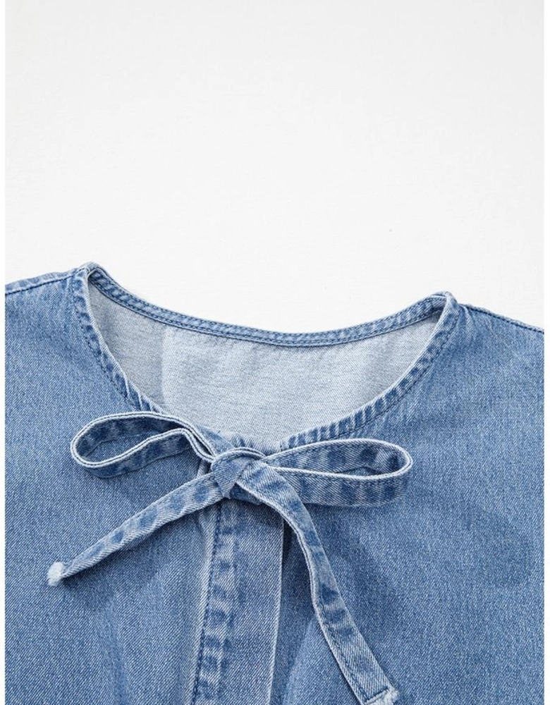 Dusk Blue Tied Front Bubble Sleeve Peplum Denim Shirt