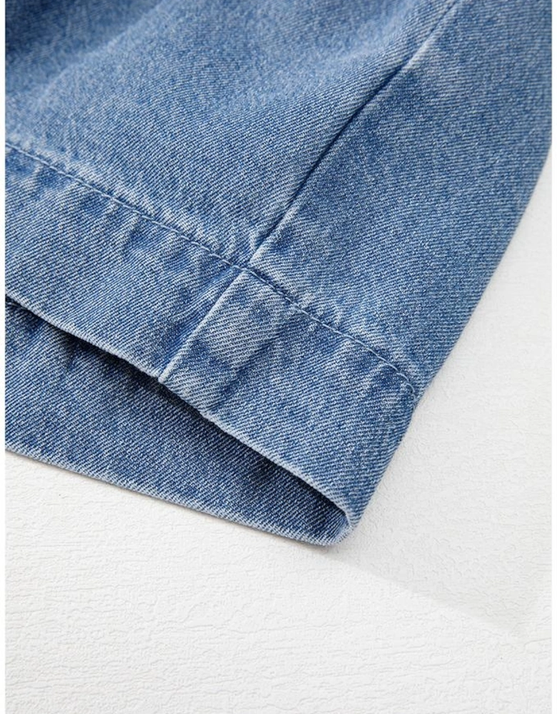 Dusk Blue Tied Front Bubble Sleeve Peplum Denim Shirt