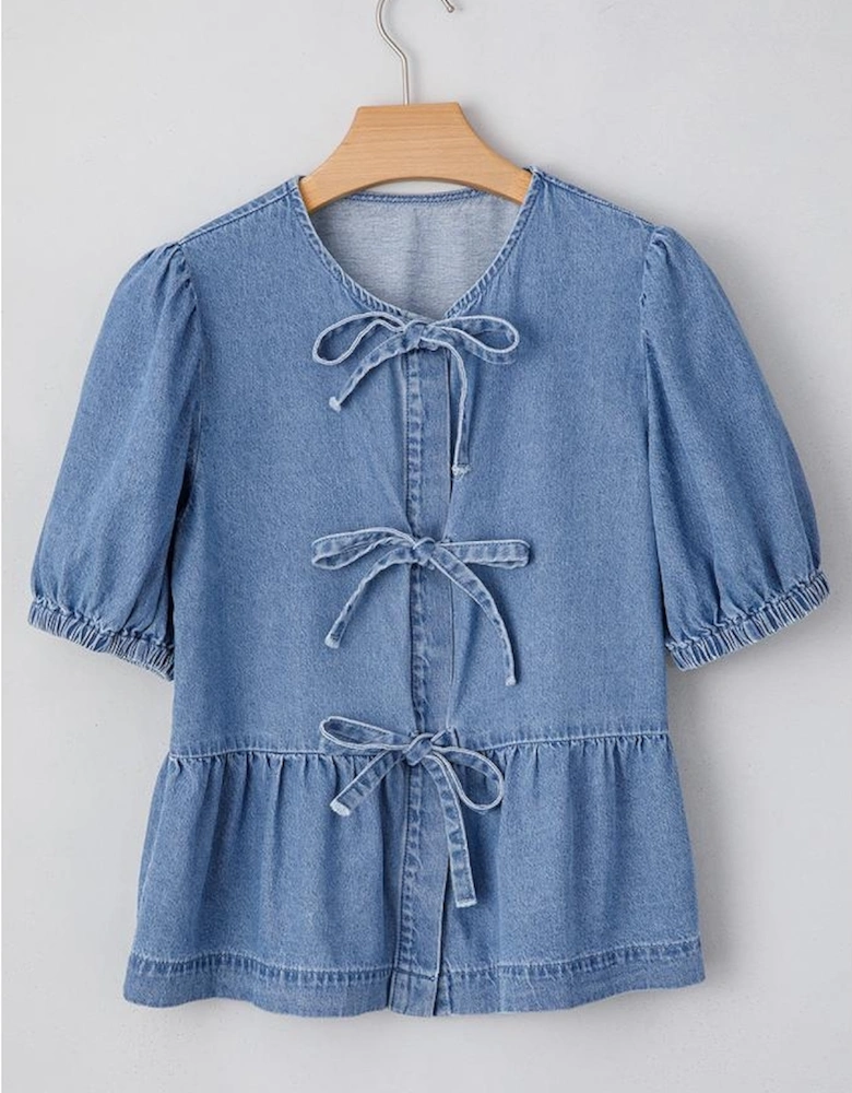 Dusk Blue Tied Front Bubble Sleeve Peplum Denim Shirt