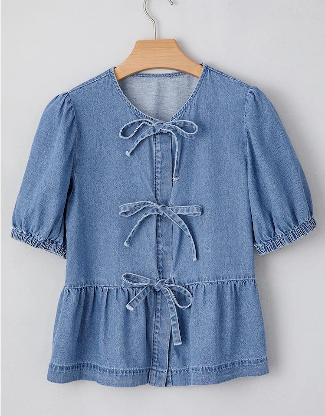 Dusk Blue Tied Front Bubble Sleeve Peplum Denim Shirt