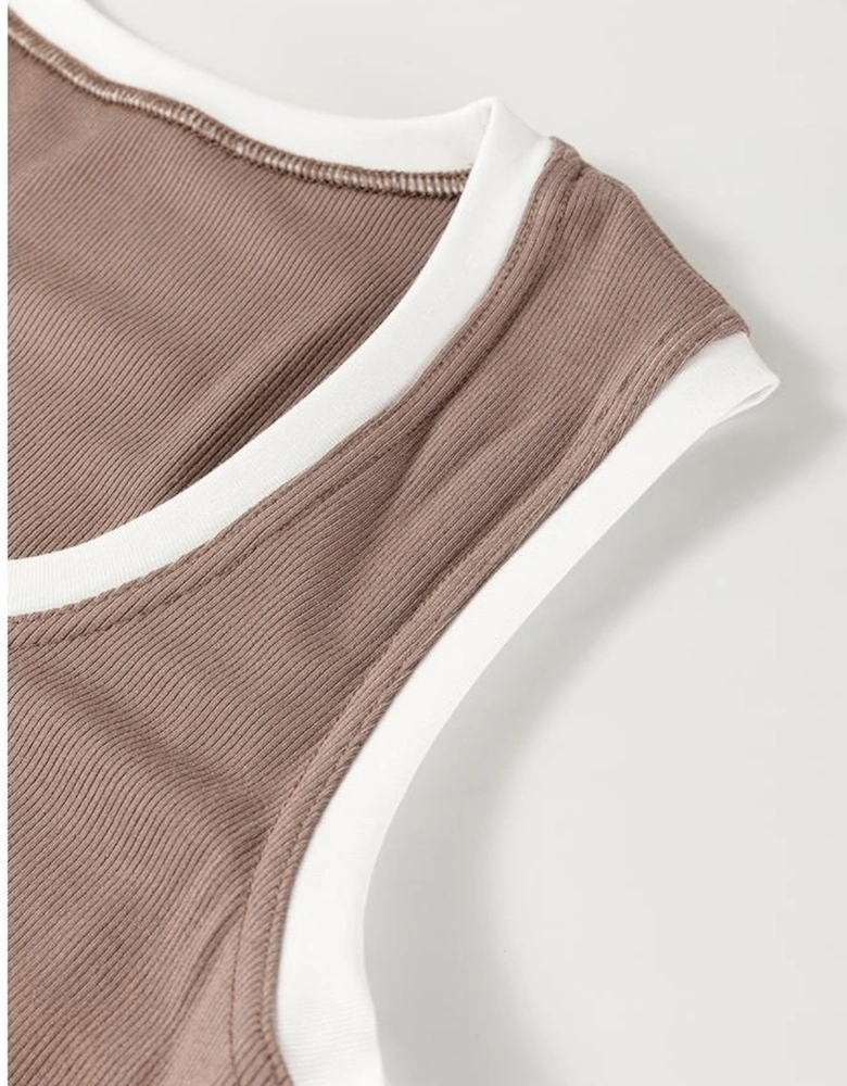 Smoke Gray Ribbed Knit Colorblock Edge U Neck Slim Fit Tank Top