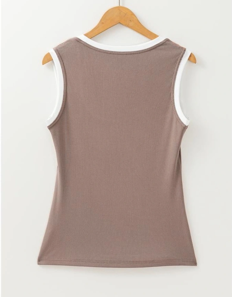 Smoke Gray Ribbed Knit Colorblock Edge U Neck Slim Fit Tank Top