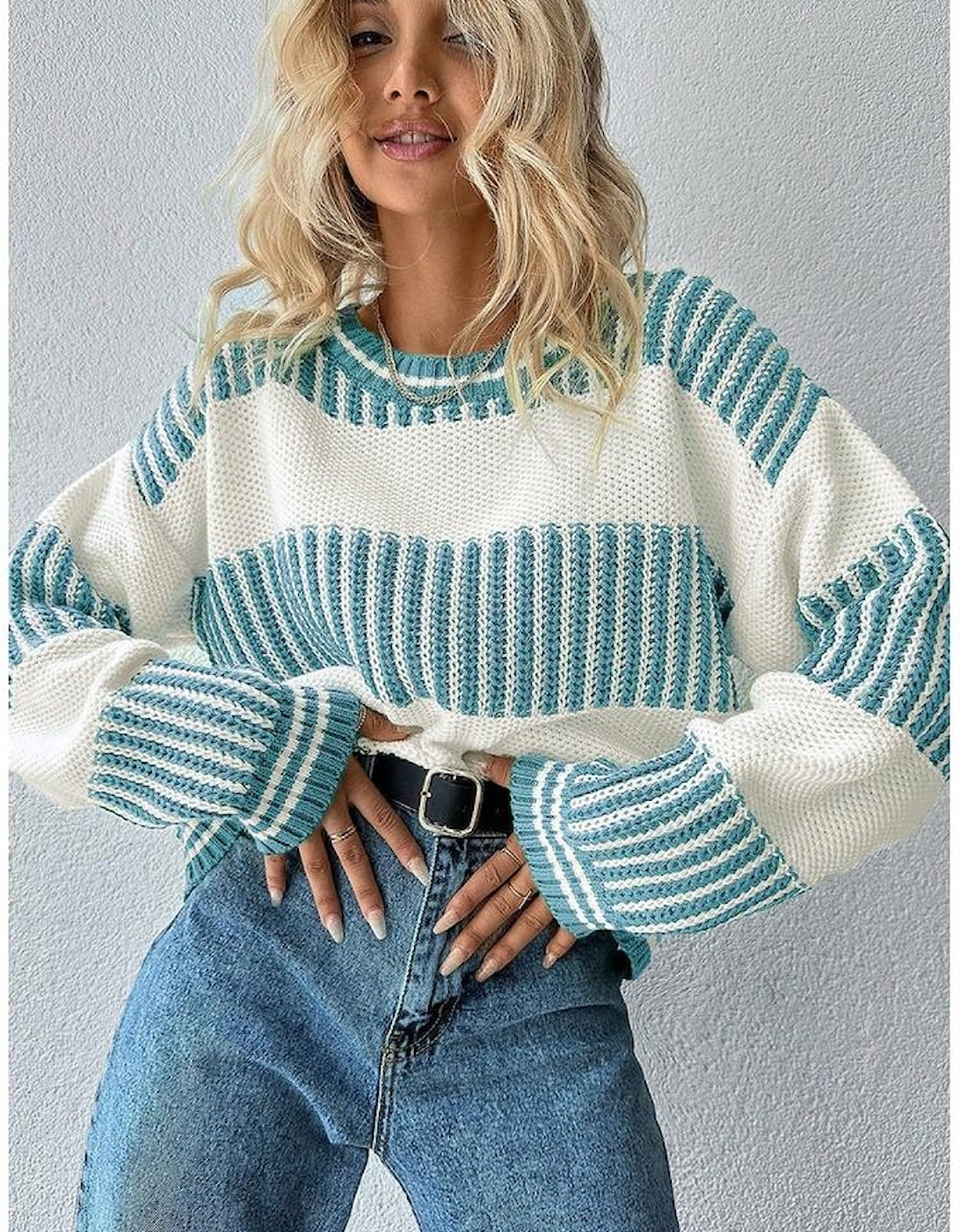 Light Blue Two Tone Striped Patchwork Drop Shoulder Loose Sweater