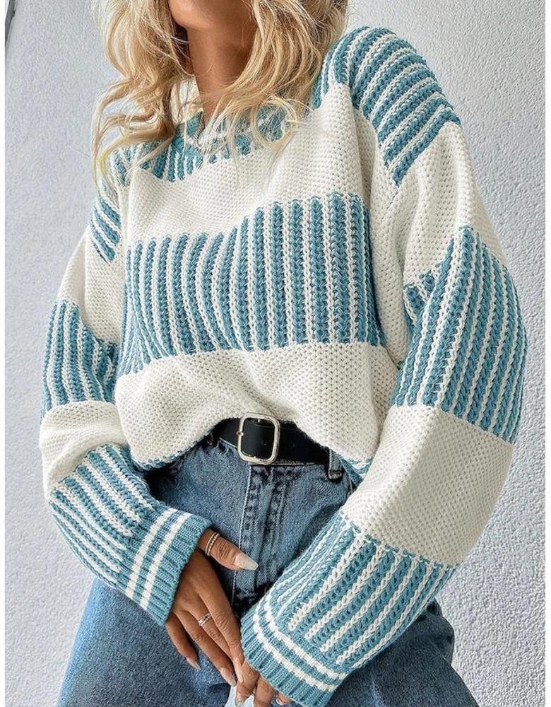 Light Blue Two Tone Striped Patchwork Drop Shoulder Loose Sweater