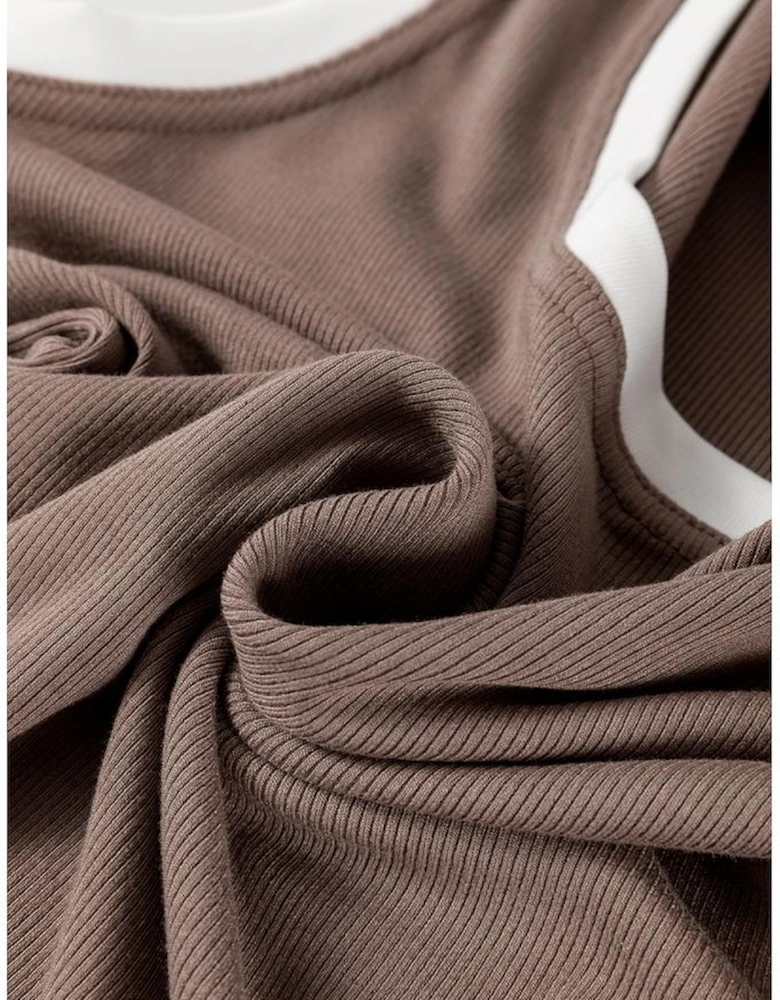 Smoke Gray Ribbed Knit Colorblock Edge U Neck Slim Fit Tank Top