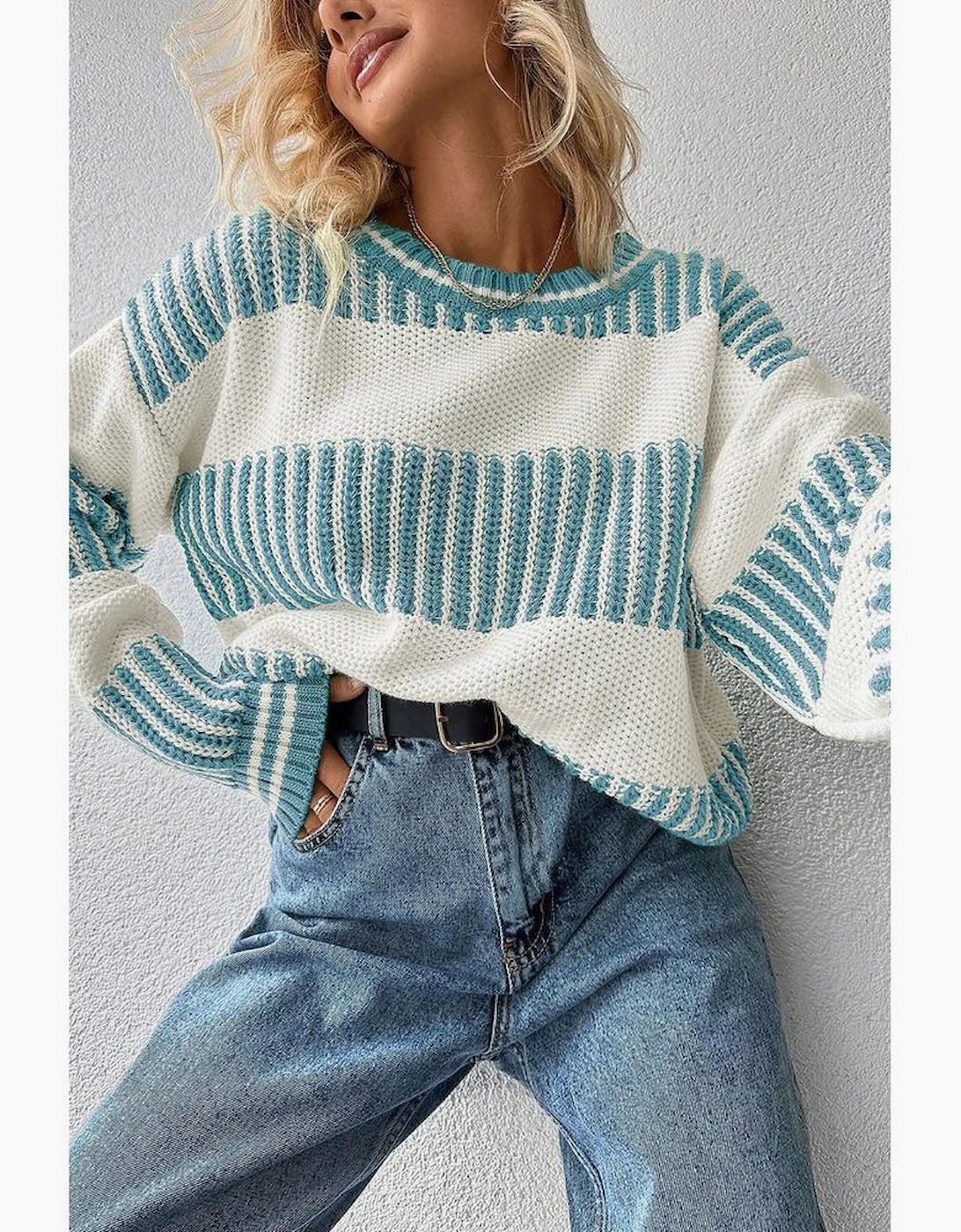 Light Blue Two Tone Striped Patchwork Drop Shoulder Loose Sweater