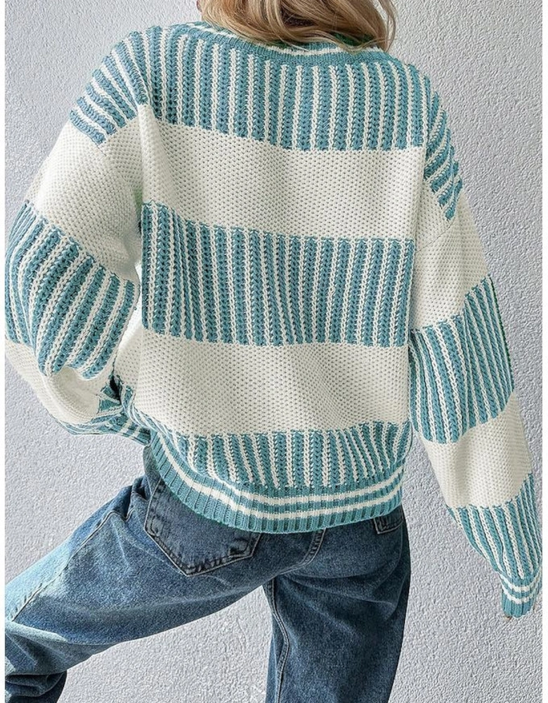Light Blue Two Tone Striped Patchwork Drop Shoulder Loose Sweater