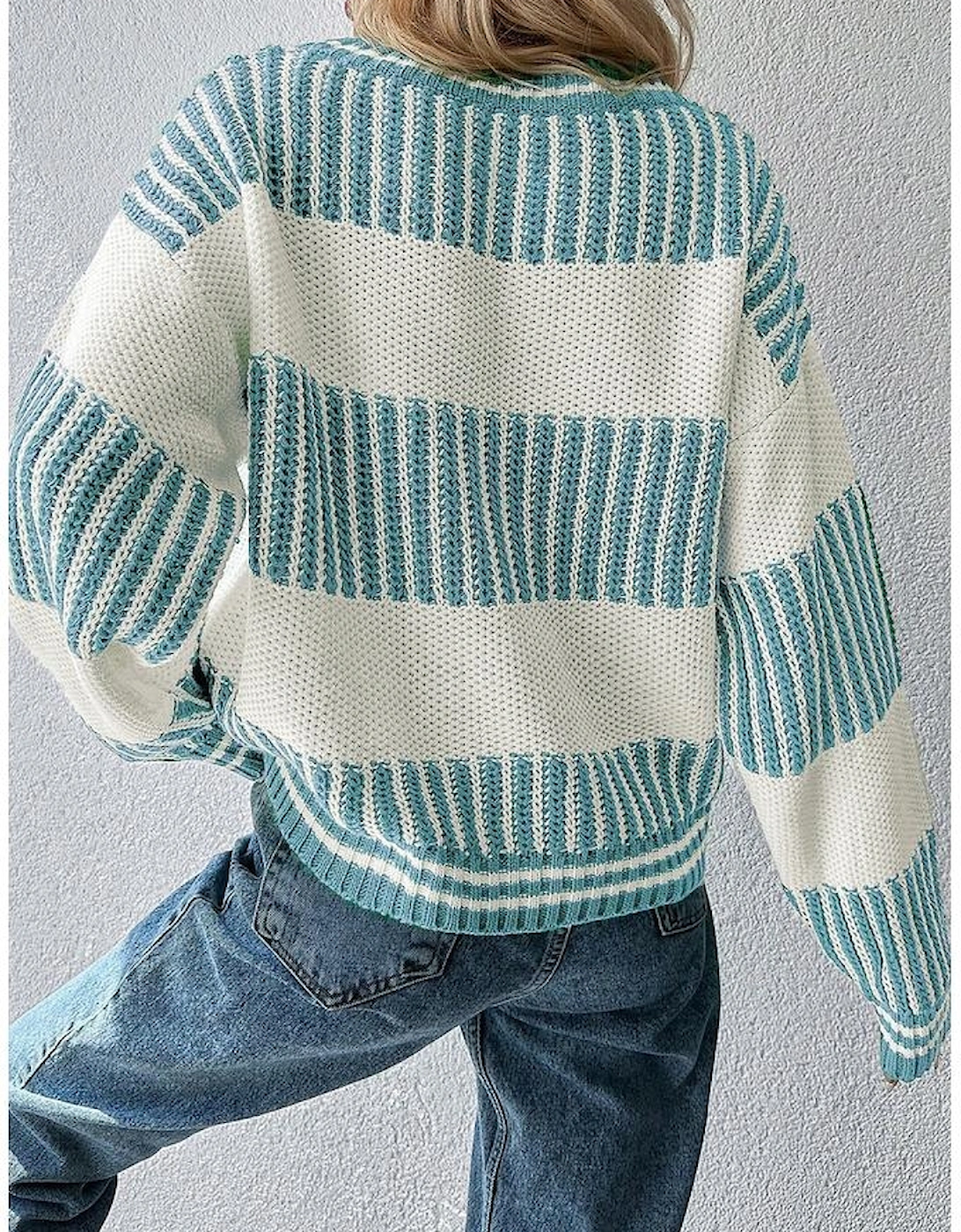 Light Blue Two Tone Striped Patchwork Drop Shoulder Loose Sweater, 7 of 6