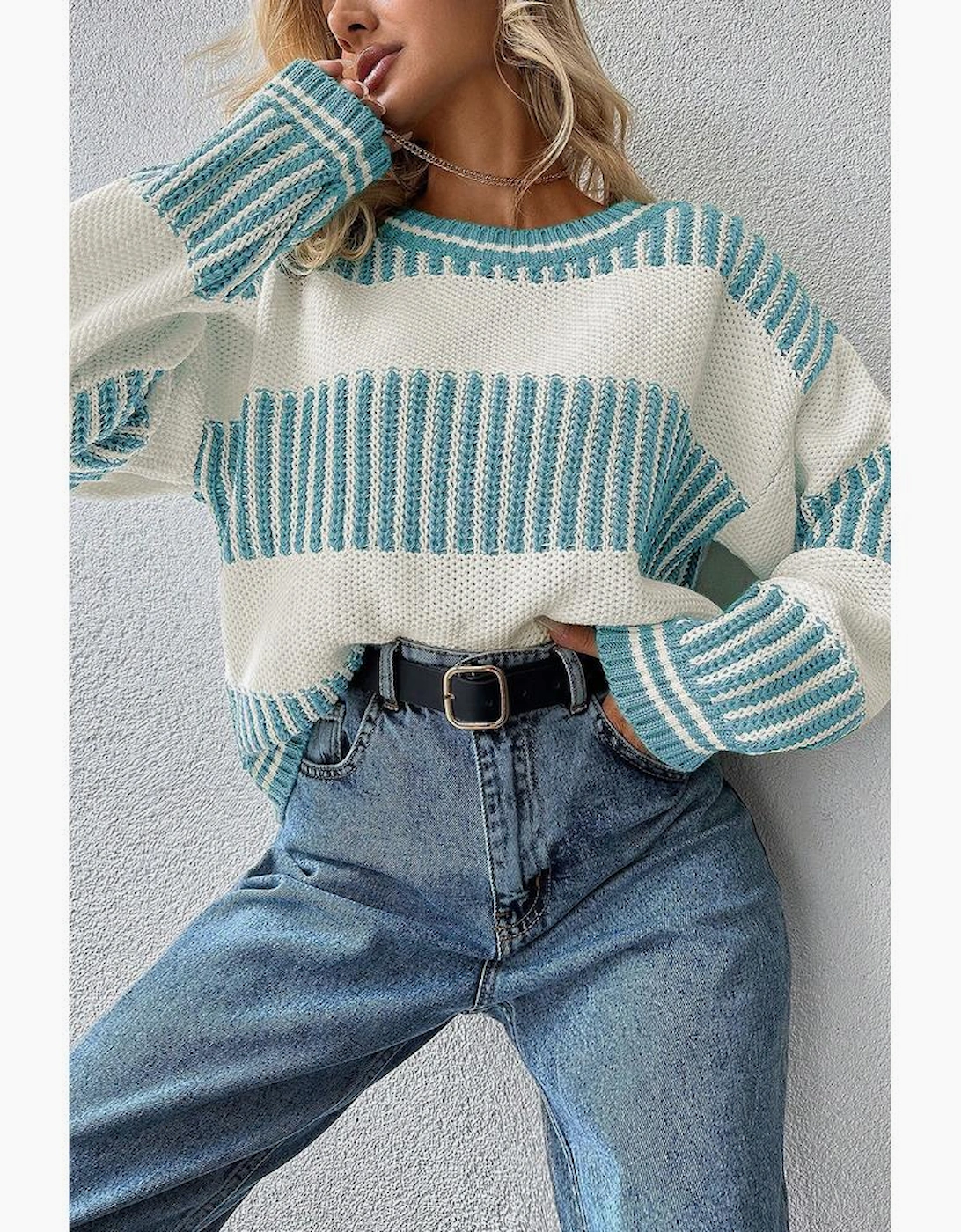 Light Blue Two Tone Striped Patchwork Drop Shoulder Loose Sweater