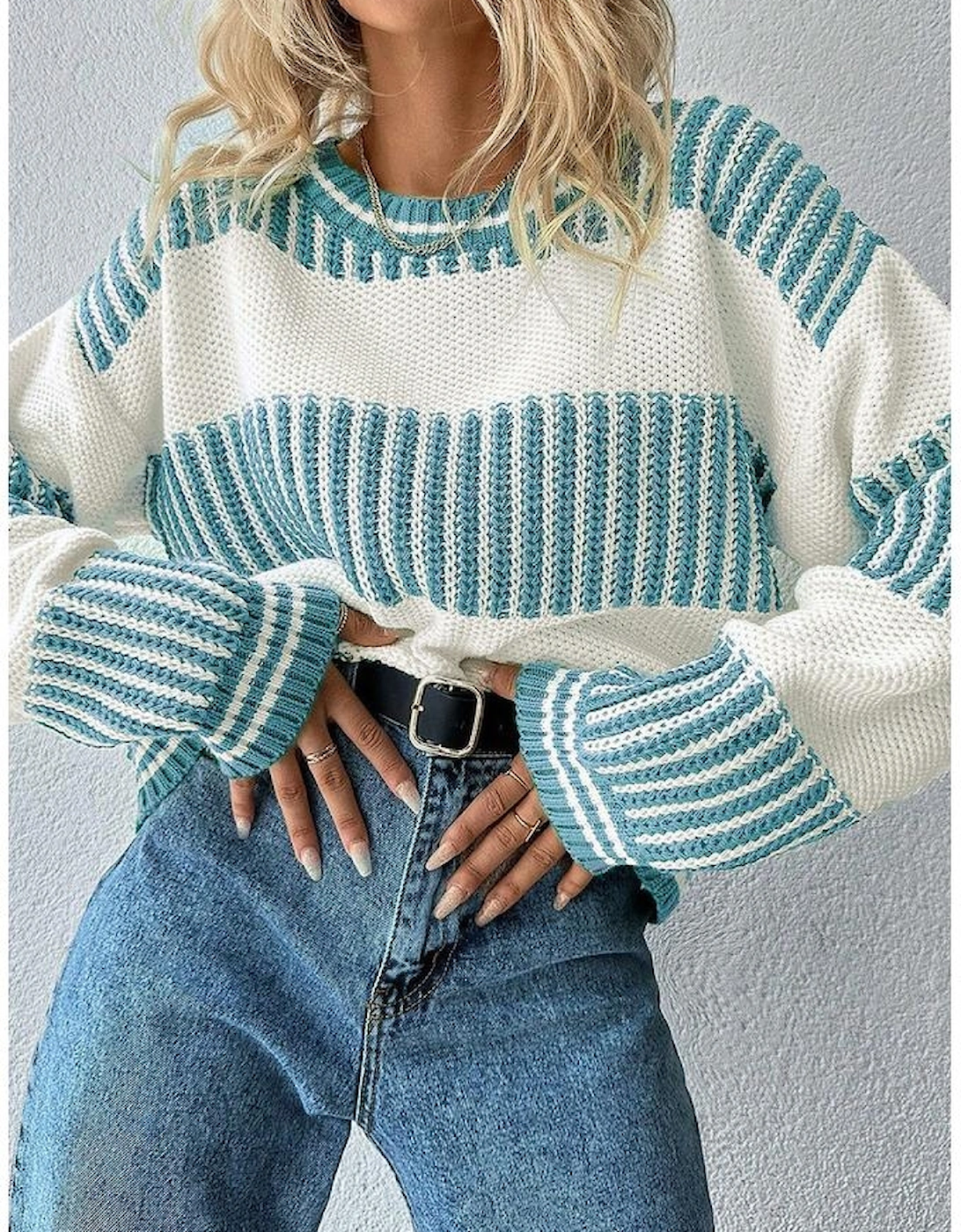 Light Blue Two Tone Striped Patchwork Drop Shoulder Loose Sweater