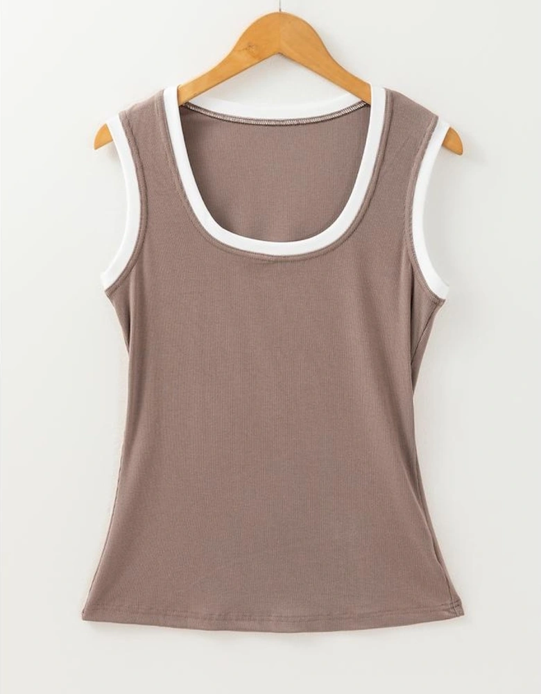 Smoke Gray Ribbed Knit Colorblock Edge U Neck Slim Fit Tank Top