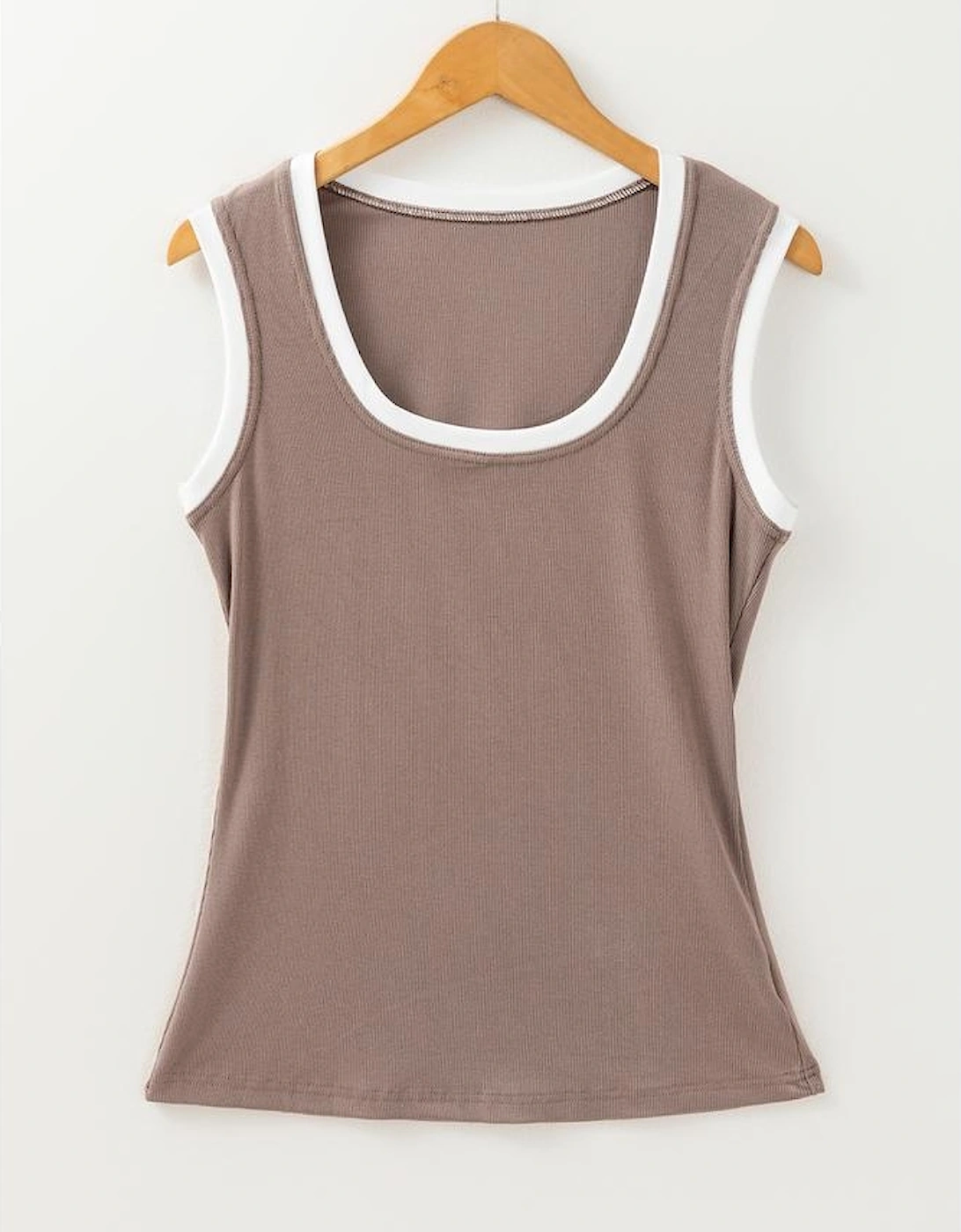 Smoke Gray Ribbed Knit Colorblock Edge U Neck Slim Fit Tank Top