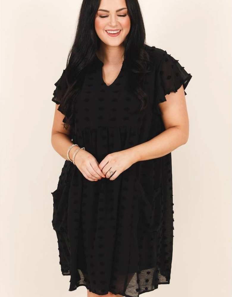 Black Dotty Textured Notched Neck Plus Ruffled Dress