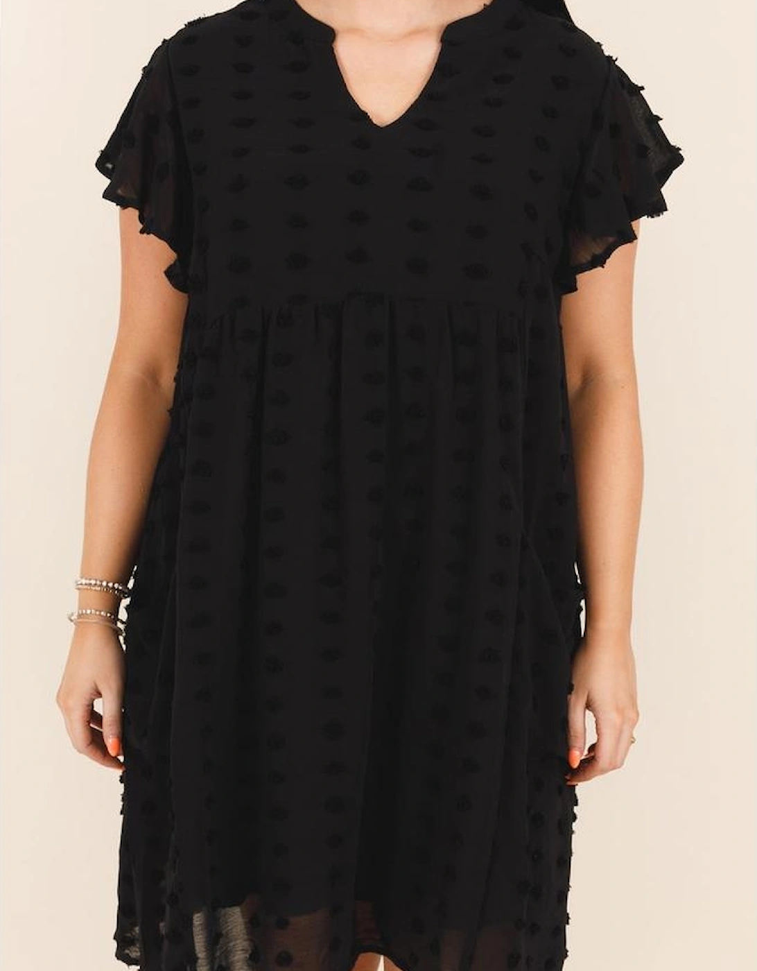 Black Dotty Textured Notched Neck Plus Ruffled Dress