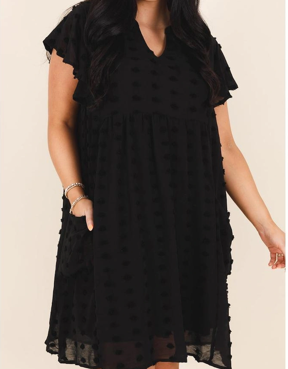 Black Dotty Textured Notched Neck Plus Ruffled Dress