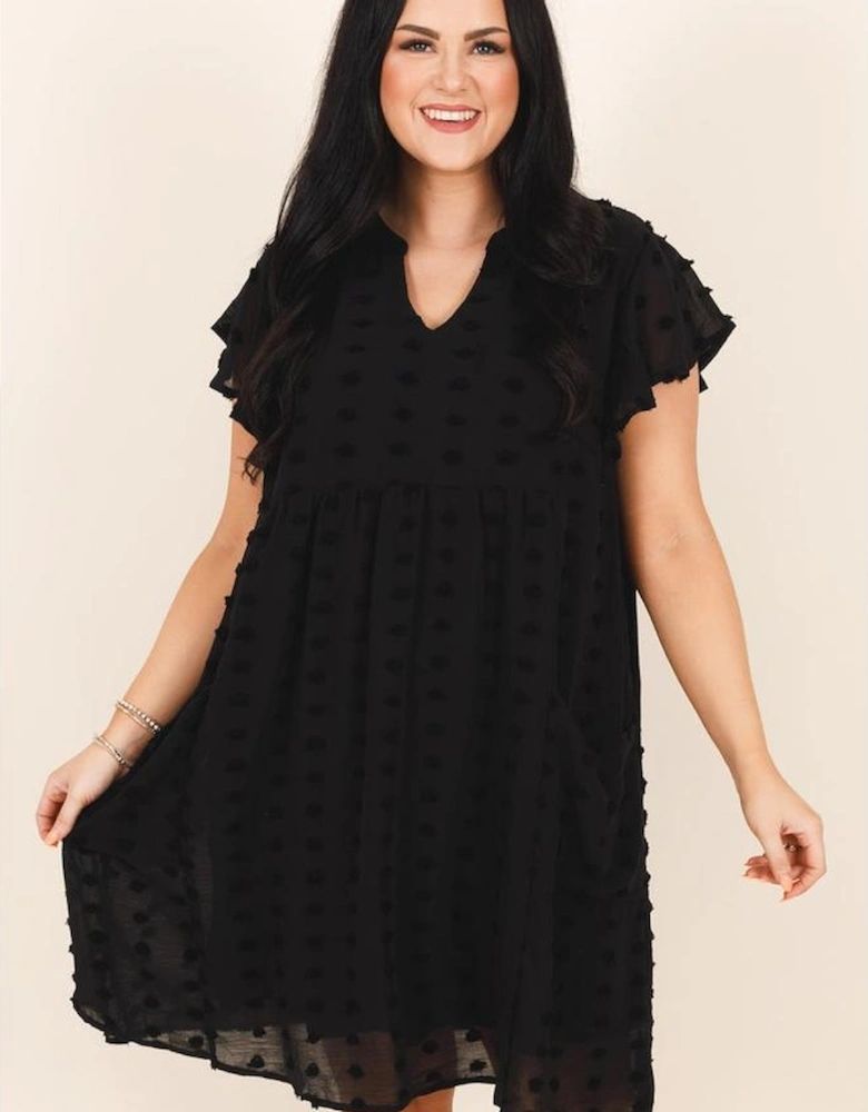 Black Dotty Textured Notched Neck Plus Ruffled Dress