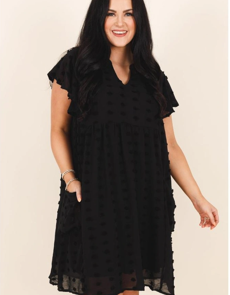 Black Dotty Textured Notched Neck Plus Ruffled Dress