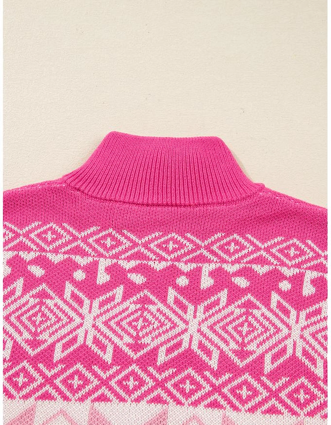 Rose Red Christmas Snowflake Quarter Zip Collard Sweater
