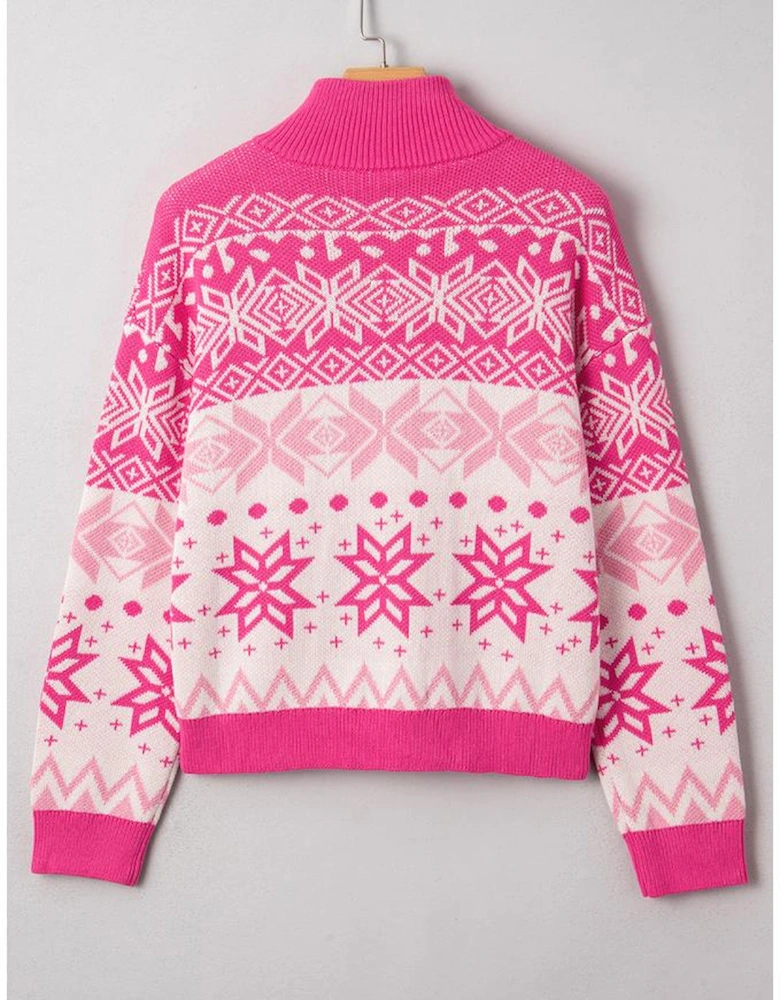 Rose Red Christmas Snowflake Quarter Zip Collard Sweater