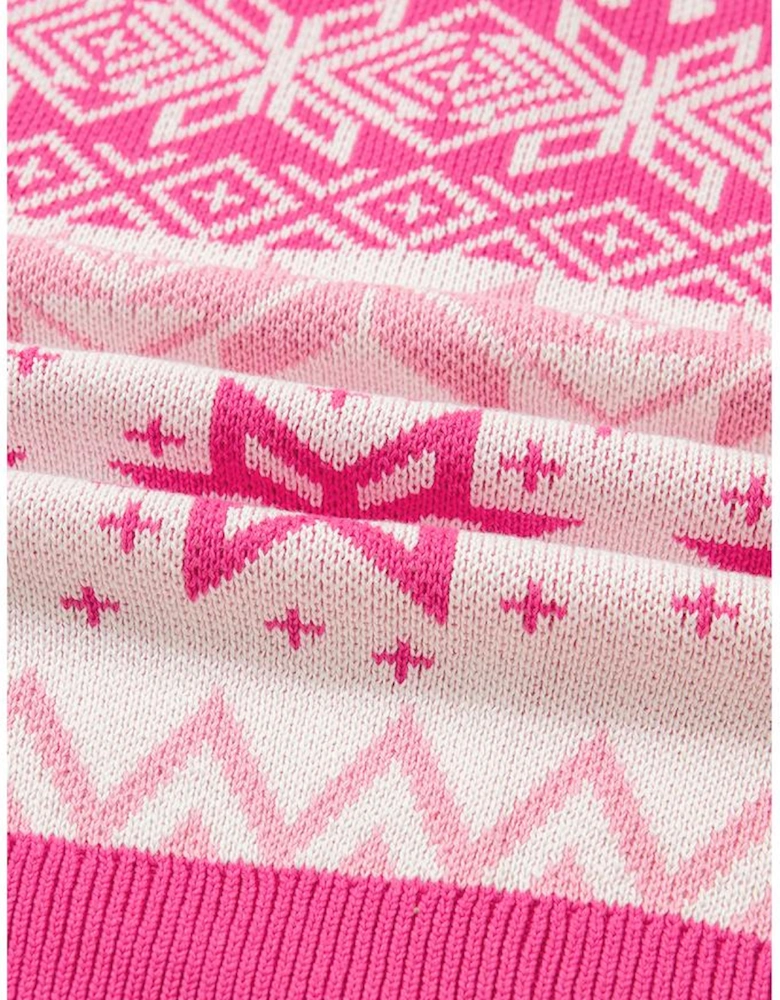 Rose Red Christmas Snowflake Quarter Zip Collard Sweater